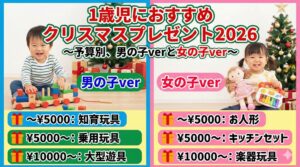 1歳児のクリスマスプレゼント完全ガイド│男子、女子別おすすめと1000円、3,000円、50,000円予算別おすすめプレゼント5選をご紹介！プレゼントに注意！NG集も！