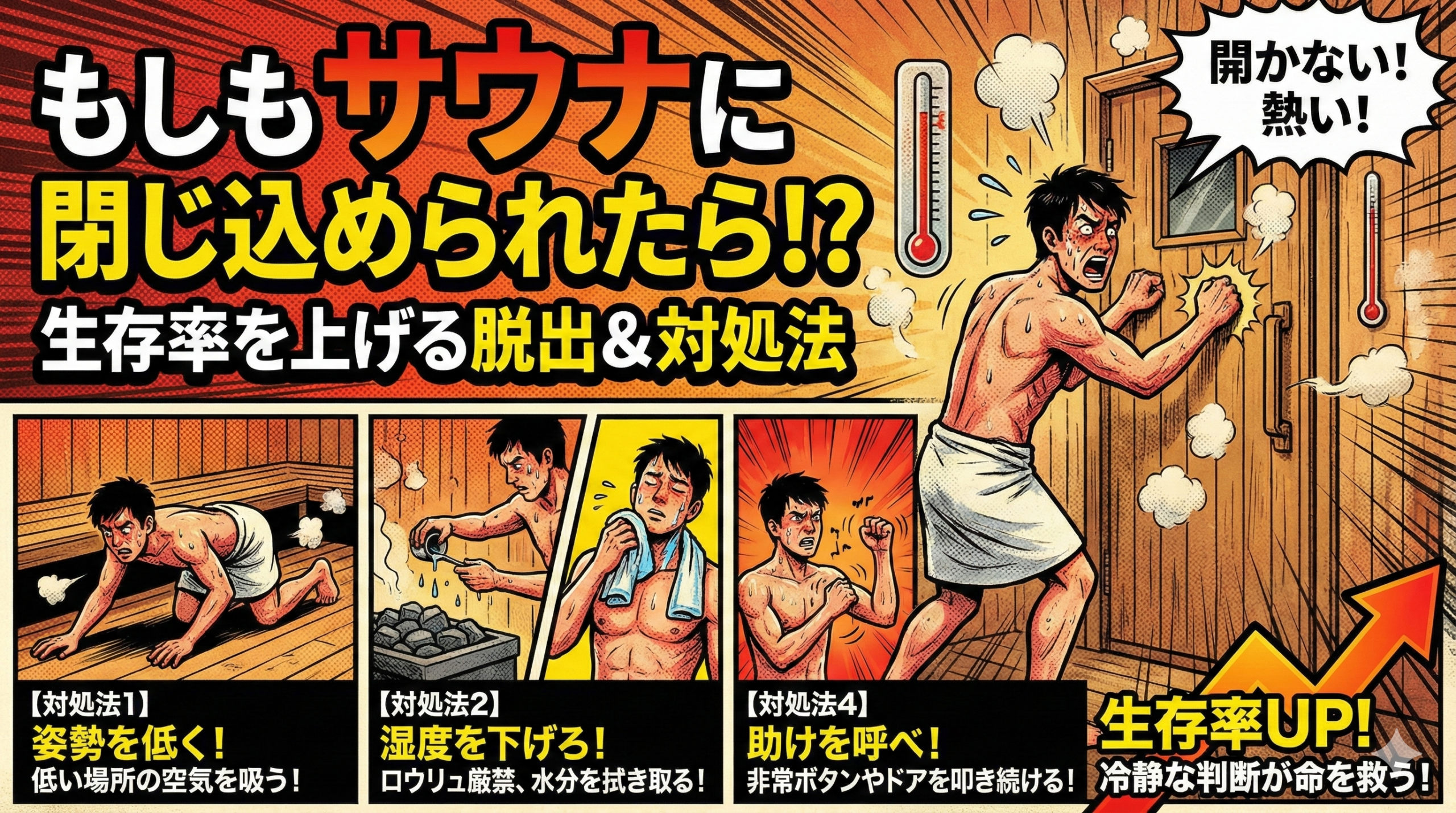 【サウナ事故】閉じ込められたらどうする？対処法と生存率を上げる4つの行動│水分補給やNGマナーも完全網羅
