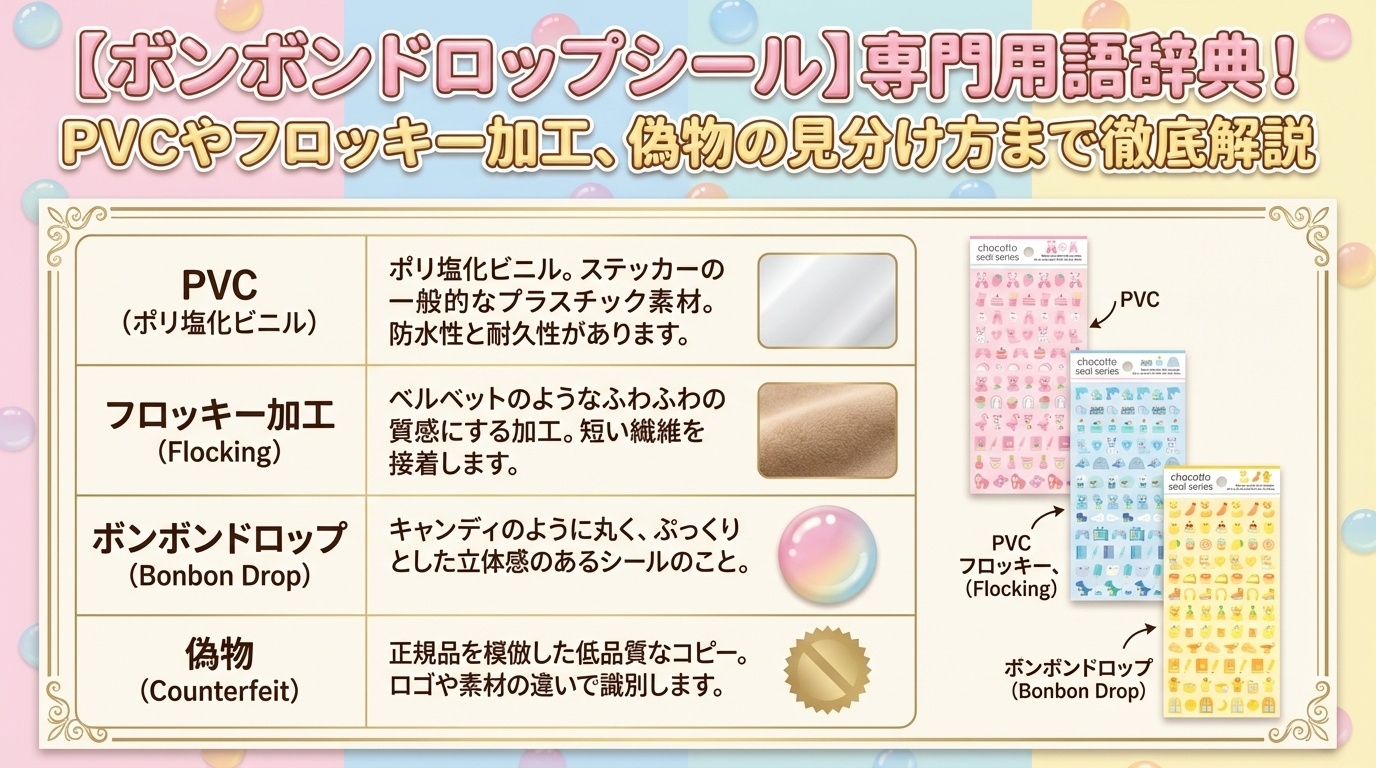 【ボンボンドロップシール】専門用語辞典！PVCやフロッキー加工、偽物の見分け方まで徹底解説