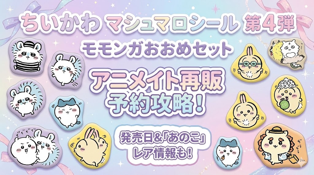 【アニメイト再販】ちいかわマシュマロシール第4弾モモンガおおめセット予約攻略！発売日や「あのこ」などレアキャラ情報を徹底解説