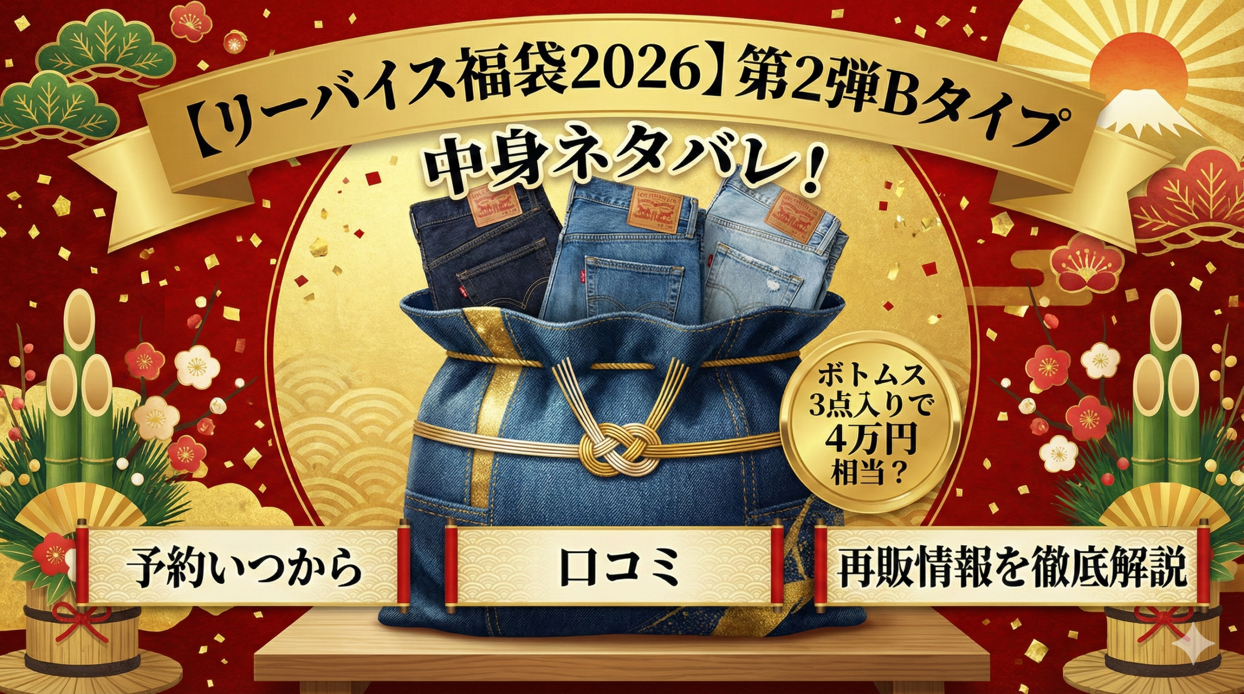 【リーバイス福袋2026】第2弾Bタイプの中身ネタバレ！ボトムス3点入りで4万円相当？予約いつから・口コミ・再販情報を徹底解説