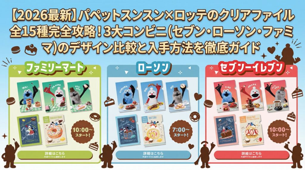 【2026最新】パペットスンスン×ロッテのクリアファイル全15種完全攻略！3大コンビニ（セブン・ローソン・ファミマ）のデザイン比較と入手方法を徹底ガイド