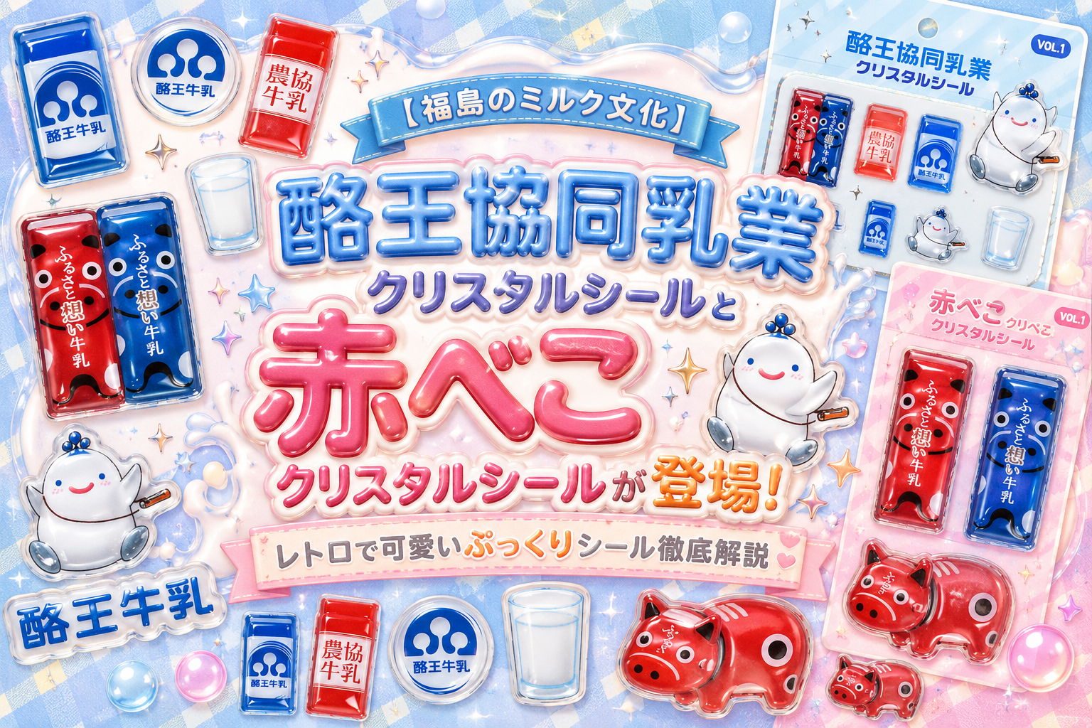 【福島のミルク文化】酪王協同乳業クリスタルシールと赤べこクリスタルシールが登場！レトロで可愛いぷっくりシール徹底解説