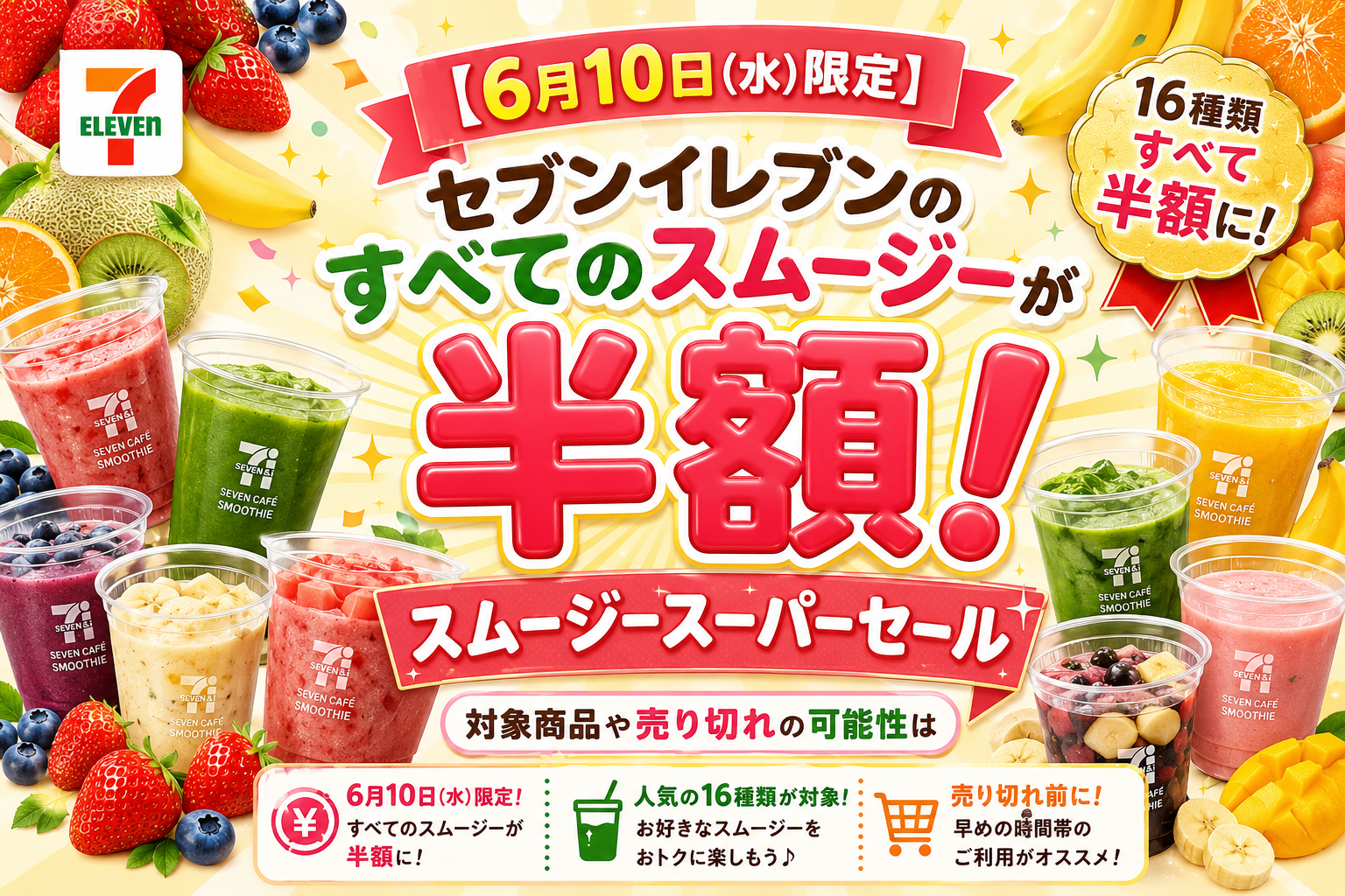 【6月10日(水)限定】セブンイレブンのすべてのスムージーが半額!スムージースーパーセール」対象商品や売り切れの可能性は?