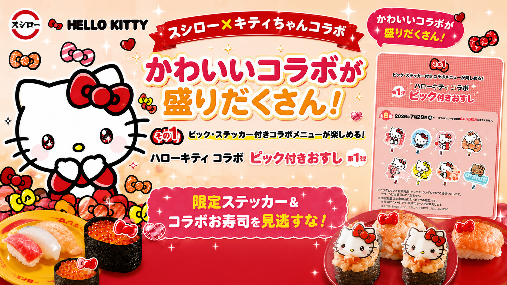 【スシロー×キティちゃんコラボ】7/29～9/6まで開催！ステッカーやコラボお寿司など全ラインナップを完全網羅してご紹介！